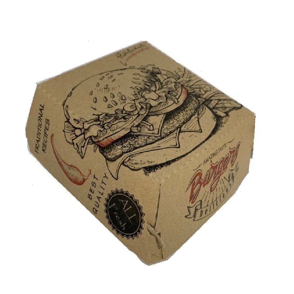 Cutii Hamburger, 120x120x85 mm, 100 Buc/Bax, Model Imprimat, Cutie pentru Hamburger - Ambalaje Fast Food, Catering si Street Food